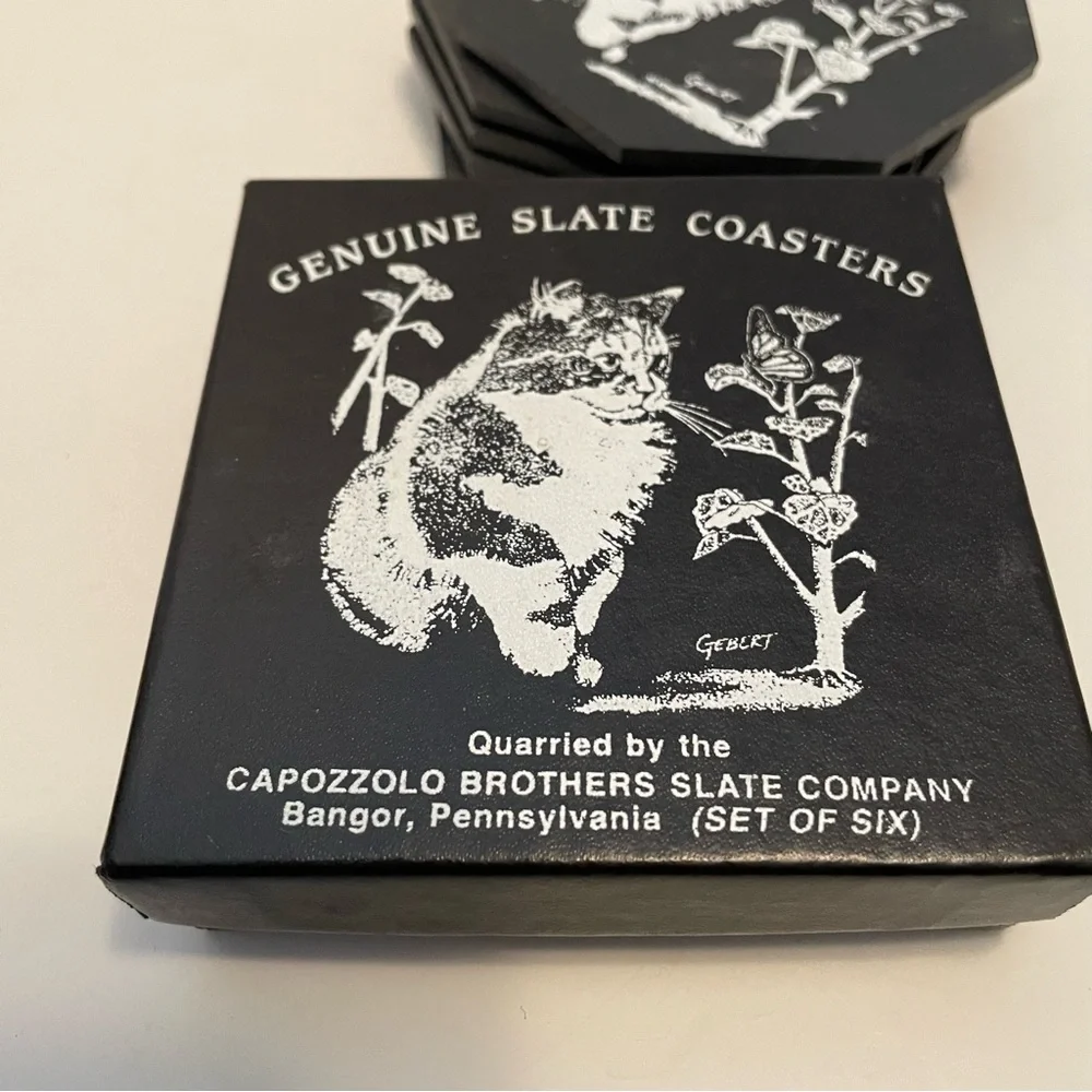 Set of 6 Slate Coasters‎ Cat Butterfly Quarried by Capozzolo Brothers Bangor PA